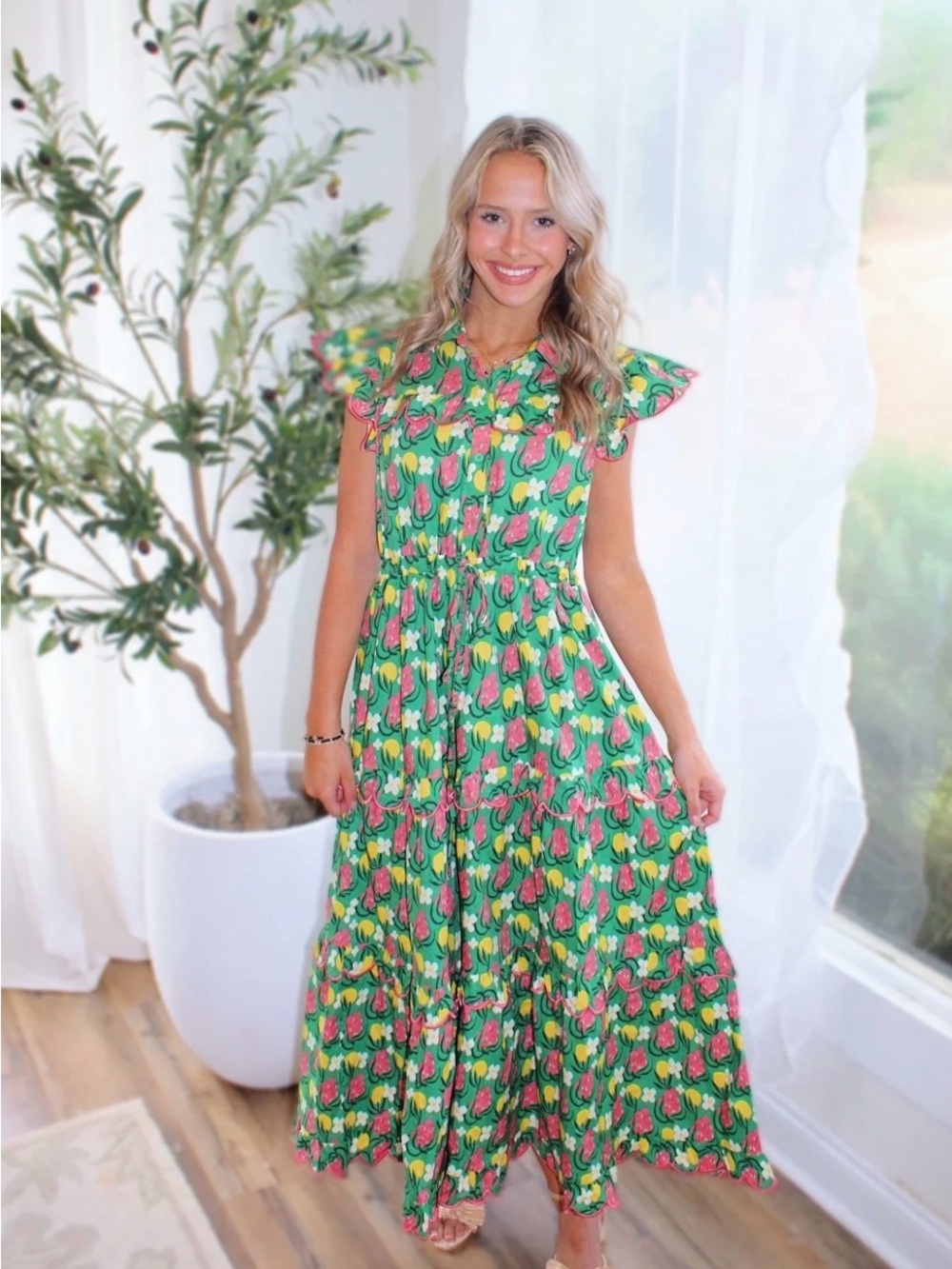 TCEC Green Floral Tiered Maxi Dress with Pink & Yellow Tulip Print